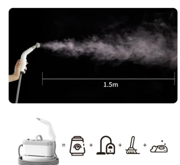 Damprensere>Lollanda 1200W håndholdt damprenser – trykdamper med 5 børstehoveder, IPX4,120°C, 850ml vandtank