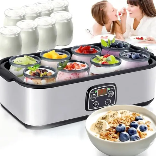 Lollanda Yoghurtmaskine Yoghurtmaskine med temperaturindstilling, termostat og 48 timers timer, 8 glas à 180 ml til hjemmet Outlet