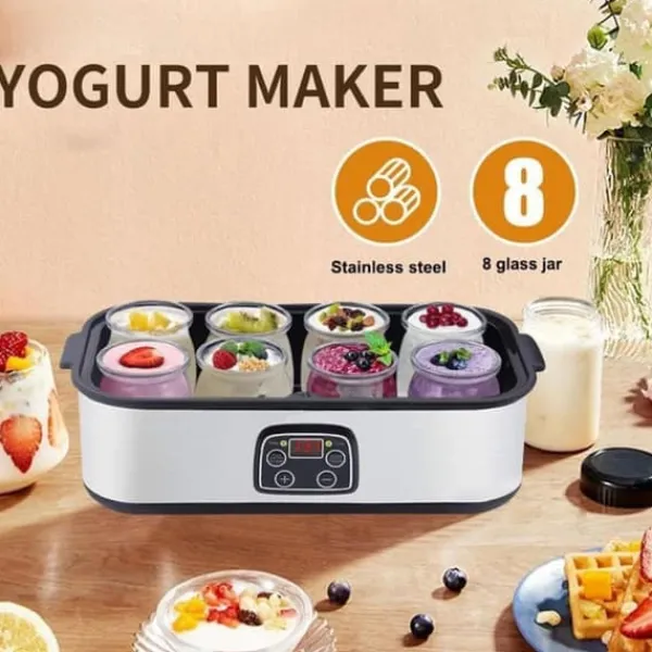 Lollanda Yoghurtmaskine Yoghurtmaskine med temperaturindstilling, termostat og 48 timers timer, 8 glas à 180 ml til hjemmet Outlet