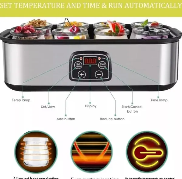 Lollanda Yoghurtmaskine Yoghurtmaskine med temperaturindstilling, termostat og 48 timers timer, 8 glas à 180 ml til hjemmet Outlet