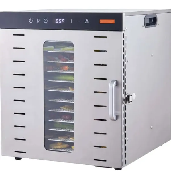 Dehydratorer>Maddehydrator, 10 rustfrie stålbakker, 1000W effekt, temperaturinterval 30-90°C, timerinterval 0,5-48 timer, 360° luftcirkulation