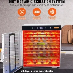Dehydratorer>Maddehydrator, 10 rustfrie stålbakker, 1000W effekt, temperaturinterval 30-90°C, timerinterval 0,5-48 timer, 360° luftcirkulation