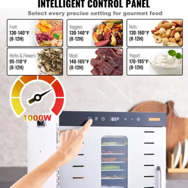 Dehydratorer>Maddehydrator, 10 rustfrie stålbakker, 1000W effekt, temperaturinterval 30-90°C, timerinterval 0,5-48 timer, 360° luftcirkulation
