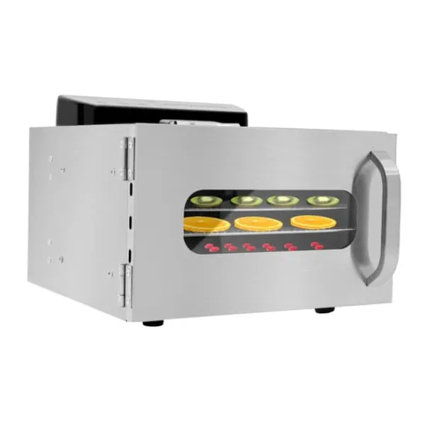Dehydratorer>Madtørrer, 6-lags kapacitet, justerbar temperatur fra 30℃ til 85℃, digital timer op til 24 timer, lavet af rustfrit stål, 220V strøm