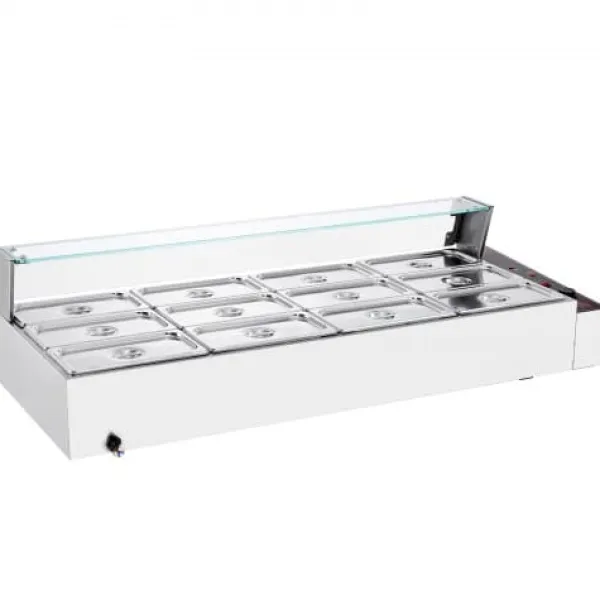 Madvarmer, 12-bakke elektrisk dampbord med glaslåg, 144,1x61x38,2 cm, sølv, rustfrit stål