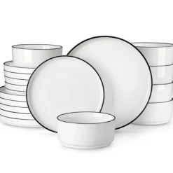 MALACASA Middagsservice, Elegant Rund Form, Blyfri Keramik,36 PCS, Sort kant Outlet