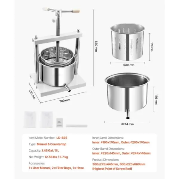 Juicepresser - Nyd Friskpresset Juice Derhjemme>Manuel Frugtvinpresse, 1,45 Gal/5L Model, Rustfrit Stål til Vinfremstilling