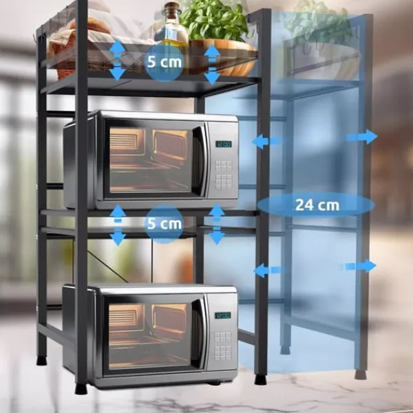 Marana 3-Tier Adjustable Metal Microwave Rack with Hooks, Black New