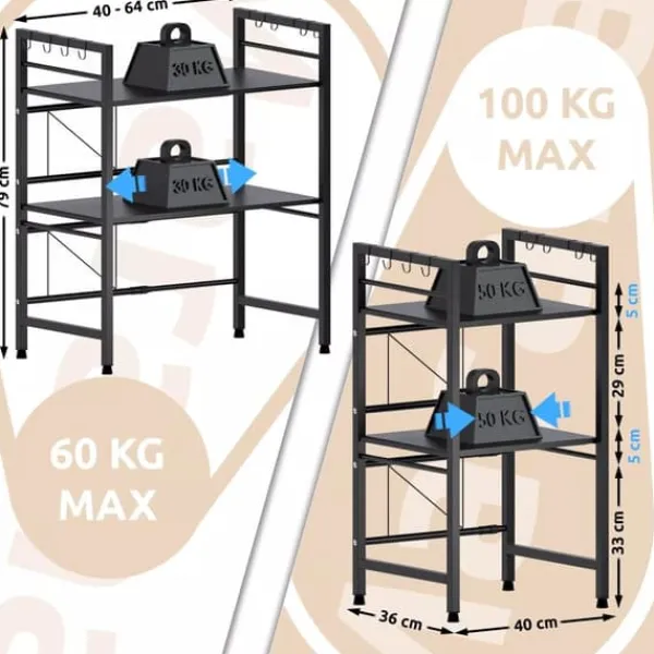 Marana 3-Tier Adjustable Metal Microwave Rack with Hooks, Black New