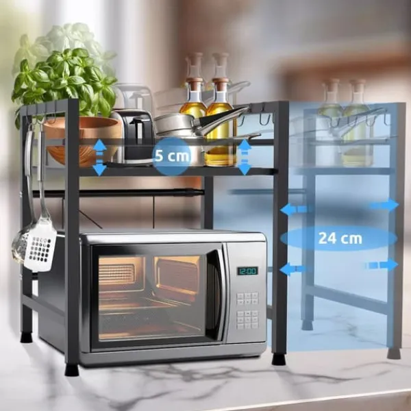 Opbevaringskroge & Hylder>Marana 2-Tier Extendable Metal Microwave Shelf with Hooks, Black