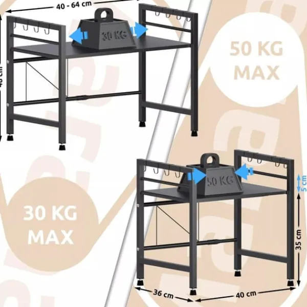 Opbevaringskroge & Hylder>Marana 2-Tier Extendable Metal Microwave Shelf with Hooks, Black