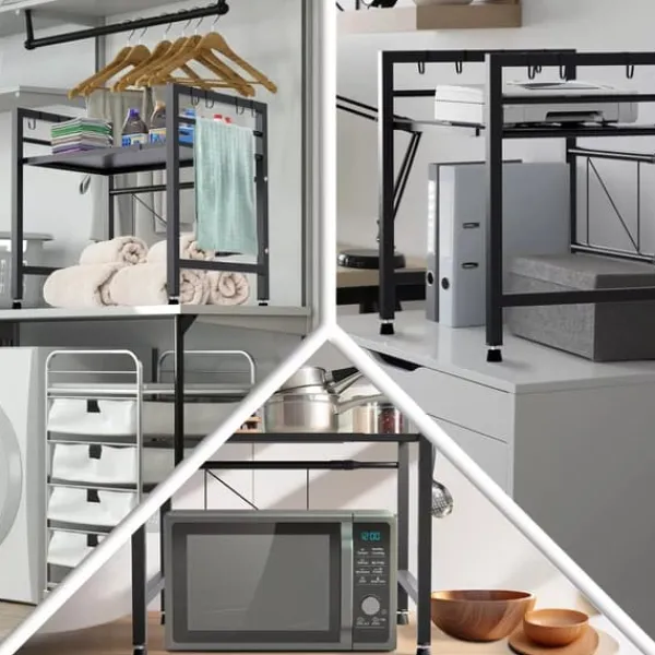 Opbevaringskroge & Hylder>Marana 2-Tier Extendable Metal Microwave Shelf with Hooks, Black