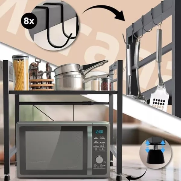 Opbevaringskroge & Hylder>Marana 2-Tier Extendable Metal Microwave Shelf with Hooks, Black