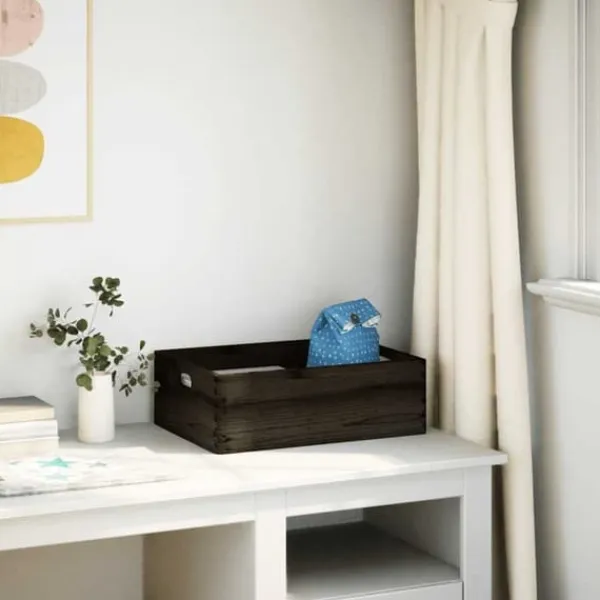 Opbevaringsæsker Til Hjemmet>Massiv fyrretræ trækasse med håndtag - Opbevaringskasse | Farve: Sort | Størrelse: 40x30x13 cm