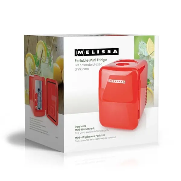 Køleskabe>MELISSA Bærbart minikøleskab | 6 dåser / 4 l kapacitet | 100-240 V / 12 V | Varme- / kølefunktion | Bærehåndtag | Rød