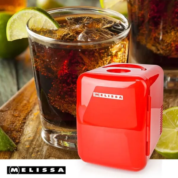 Køleskabe>MELISSA Bærbart minikøleskab | 6 dåser / 4 l kapacitet | 100-240 V / 12 V | Varme- / kølefunktion | Bærehåndtag | Rød