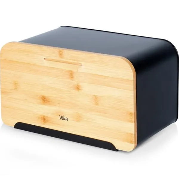 Metalbrødkasse med bambusbræt, sort, 35x22x20,5 cm Discount