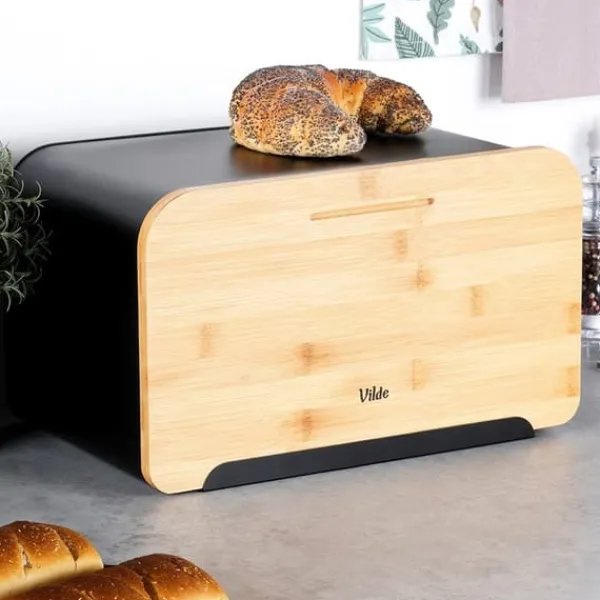 Metalbrødkasse med bambusbræt, sort, 35x22x20,5 cm Discount