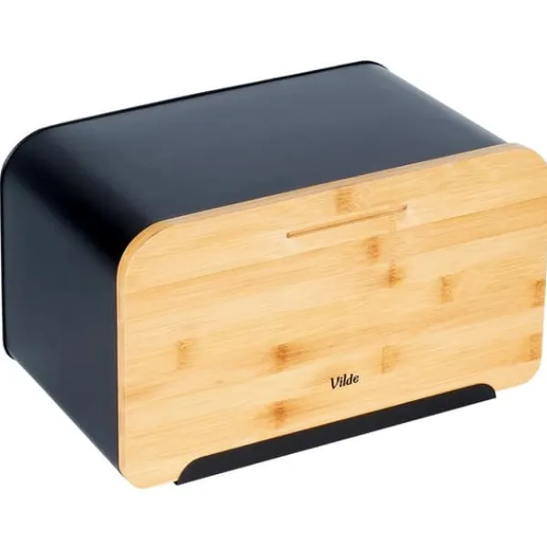Metalbrødkasse med bambusbræt, sort, 35x22x20,5 cm Discount