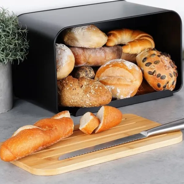 Metalbrødkasse med bambusbræt, sort, 35x22x20,5 cm Discount