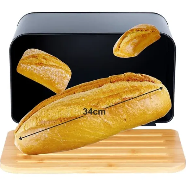 Metalbrødkasse med bambusbræt, sort, 35x22x20,5 cm Discount