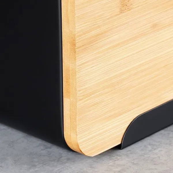 Metalbrødkasse med bambusbræt, sort, 35x22x20,5 cm Discount