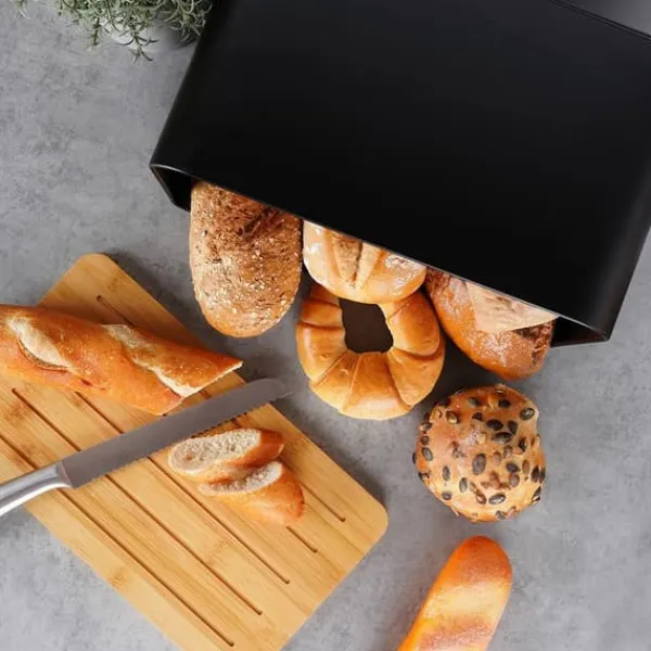 Metalbrødkasse med bambusbræt, sort, 35x22x20,5 cm Discount