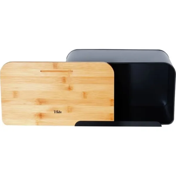 Metalbrødkasse med bambusbræt, sort, 35x22x20,5 cm Discount