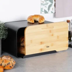 Metalbrødkasse med bambusbræt, sort, 35x22x20,5 cm Discount