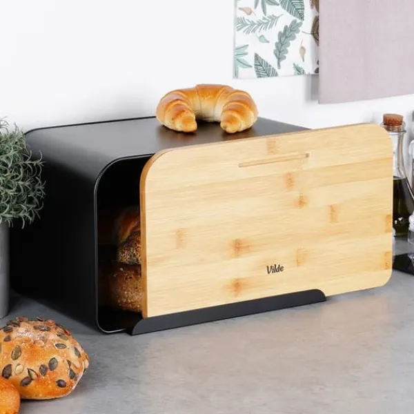 Metalbrødkasse med bambusbræt, sort, 35x22x20,5 cm Discount