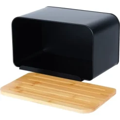 Metalbrødkasse med bambusbræt, sort, 35x22x20,5 cm Discount