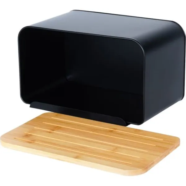 Metalbrødkasse med bambusbræt, sort, 35x22x20,5 cm Discount