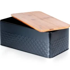 Brødkasser & Brødposer>Metalbrødkasse med træplade, sort, 33,5x18,5x12,5 cm