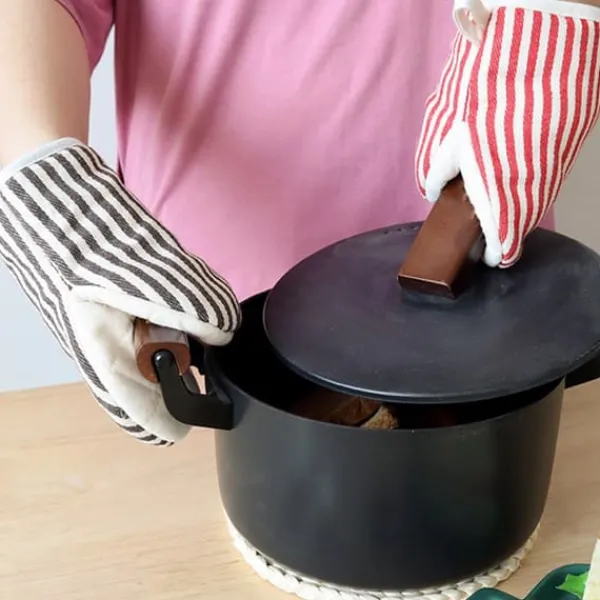 Grydelapper & Grillvanter>Mikrobølgeovnshandsker Varmebestandige Stribede Mønster Tykke Bomuldsovnhandsker med Snor Kaffe