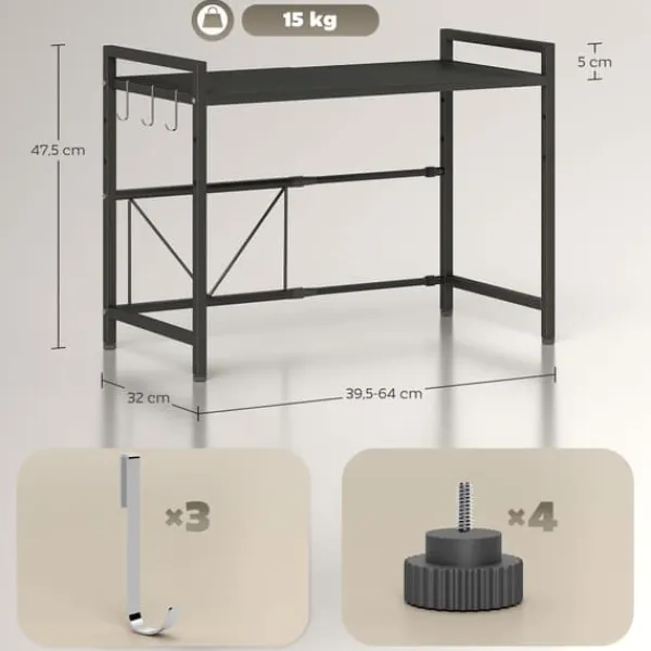 Køkkenorganisering>Mikrobølgeovnshylde, metal, 39,5-64x32x47,5 cm, sort
