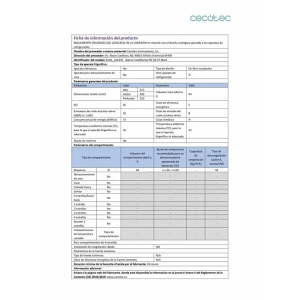 Mini køleskab Cecotec Bolero CoolMarket BC SD 47 65 W 51,3 x 42 x 51 cm Sort 44 L Hot