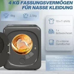 Mini Tørrer 2,5 kg med 6 Programmer, LED Touch Screen, 800W, Fritstående eller Vægmonteret, Overophedningsbeskyttelse, Grå Clearance