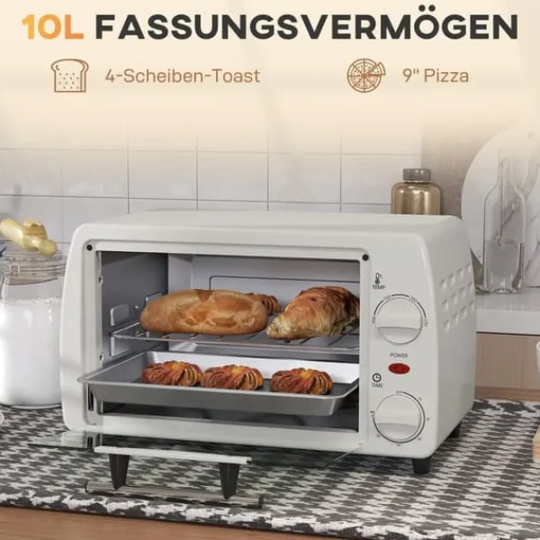 Ovne>Miniovn 10 L, 750 W, op til 230 °C, 60 min, bageplade & rist, cremehvid