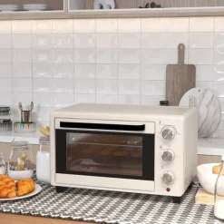 Ovne>Miniovn 21 L med rotisserie, 3 funktioner, 100–230 °C, rist & bageplade, rustfri/glas, cremehvid