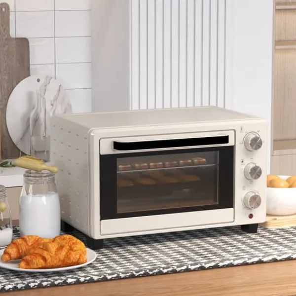 Miniovn 21 L med rotisserie, 3 funktioner, 100–230 °C, rist & bageplade, rustfri/glas, cremehvid Hot