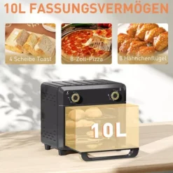 Miniovn med Varmluft og Airfryer funktion, 10L Kapacitet, Sort Rustfrit Stål Hot