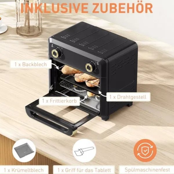 Miniovn med Varmluft og Airfryer funktion, 10L Kapacitet, Sort Rustfrit Stål Hot
