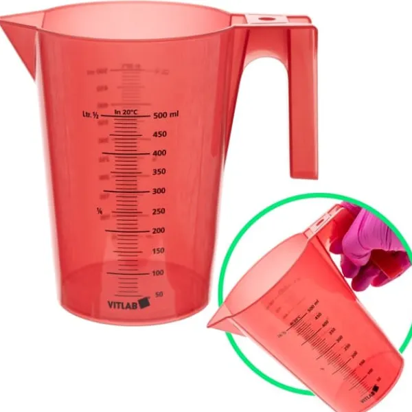 Målebægere & Måleskeer>Målebæger i plastik, 500 ml, PP, rødmalet skala med håndtag