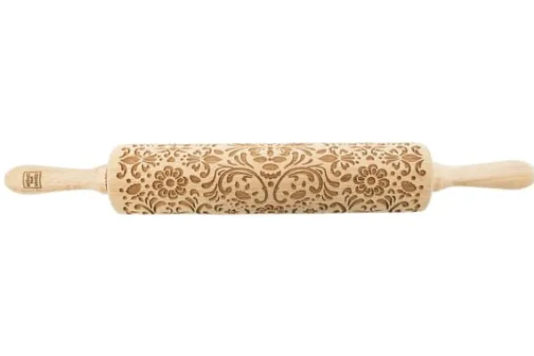 MoodForWood Trækagerulle, Graveret, 43 cm med Håndtag, Perfekt til Bagning - Rosemaling Mønster Sale