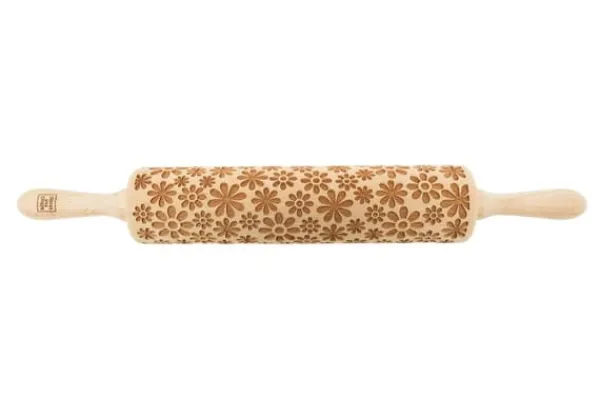 Kageruller>MoodForWood Trækagerulle, Graveret, 43 cm med Håndtag, Perfekt til Bagning - Flower Power Blomster Mønster
