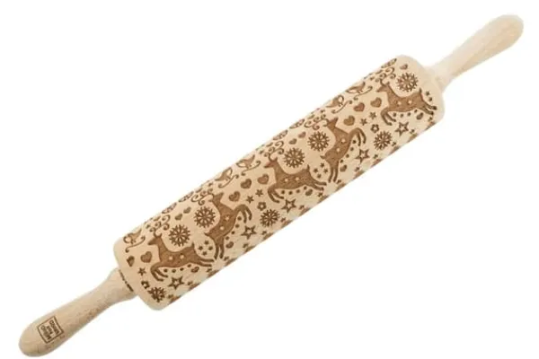 MoodForWood Trækagerulle, Graveret, 43 cm med Håndtag, Perfekt til Bagning - Rensdyrmønster Discount