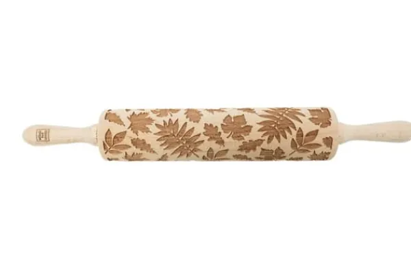 MoodForWood Trækagerulle, Graveret, 43 cm med Håndtag, Perfekt til Bagning - Efterårsblade Mønster Clearance