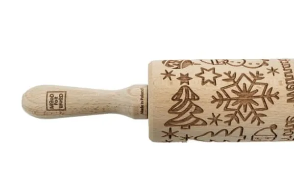 MoodForWood trækagerulle, indgraveret, 43 cm med håndtag, perfekt til bagning - Frohe Weihnachten-mønster Online