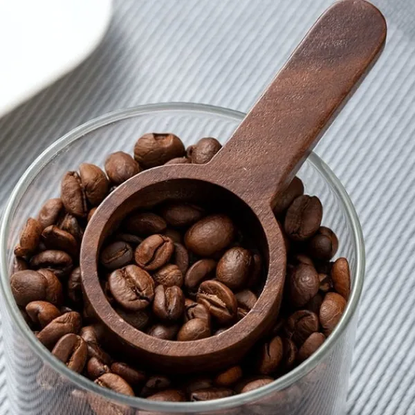 Multifunktionel Kaffemåleske i Valnøddetræ med Kort Håndtag og Lædersnor - Perfekt til Kaffeelskere New