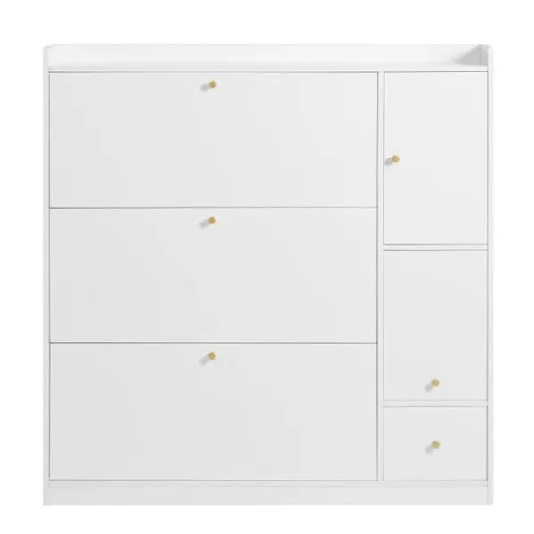 Tøj- & Garderobeopbevaring>Multifunktionelt skoskab 119x24x122 cm - med 3 foldeskuffer - med foldebænk - med dør - hvid